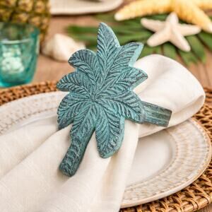 Palm Tree Napkin Rings Set of 6 Rustic Green Metal Coastal Tropical Decor